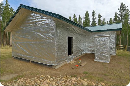 Home protected by FireFoil wildfire shields — reflecting radiant heat and blocking embers
